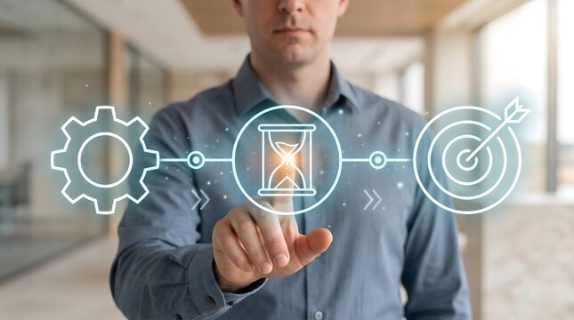 Project workflow optimization concept showing professional touching glowing digital hourglass connecting strategy gear and target