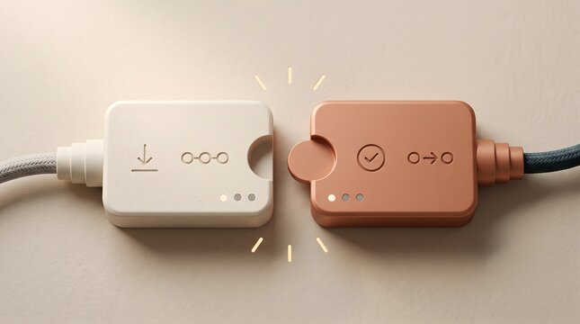 Data migration connection concept showing two physical blocks snapping together with download and sync verification icons