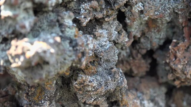 Porous basalt rock texture in closeup, spongy volcanic stone surface background.