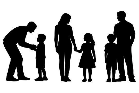 Black silhouettes of adults and children standing together in a row. Bold vector artwork symbolizing family, community, and human connection in minimalist style.