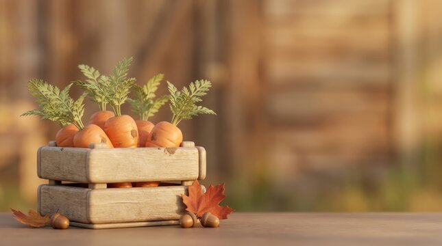 Fresh carrots and greens displayed in wooden crates with autumn leaves.