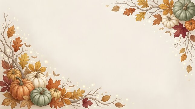 Festive Autumnal Border Featuring Assorted Pumpkins and Vibrant Fall Foliage on a Cream Background.