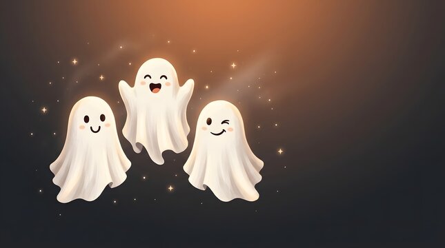 Three cute cartoon ghosts with happy expressions floating against a dark gradient background sky.