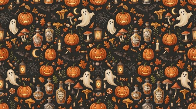Seamless Halloween Pattern Featuring Cute Ghosts Pumpkins Magic Potions And Autumn Leaves On Black.