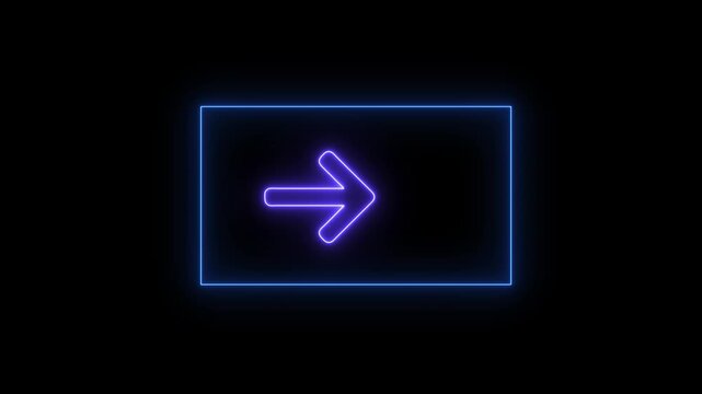Neon arrow sign glowing within rectangle border on black background for digital direction and user interface navigation.