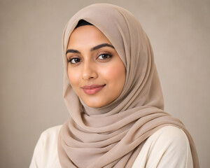 Naklejka premium Ultra Realistic Beauty Portrait of Young Adult Woman Wearing Elegant Neutral Hijab with Natural Makeup Premium Modest Fashion Photography Adobe Stock Quality 16K