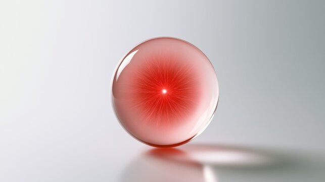 Transparent glass sphere with red fibrous nerve network radiating from center, minimal biology and energy concept on white