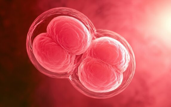 Closeup of four cell embryo dividing inside transparent membrane, red cellular biology and early life science research concept