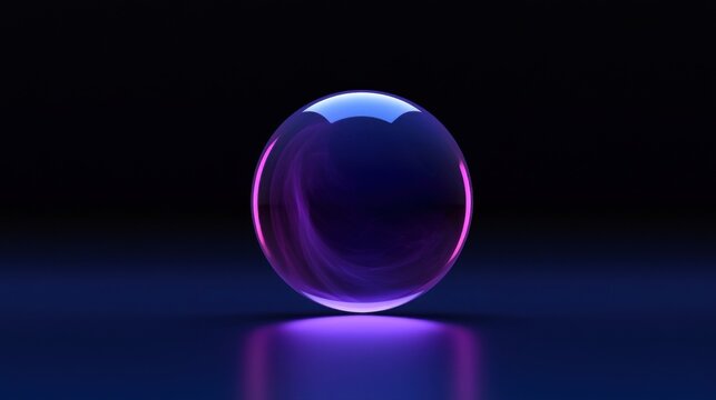 Glossy purple transparent glass sphere resting on dark blue reflective surface, elegant crystal ball with neon pink rim light