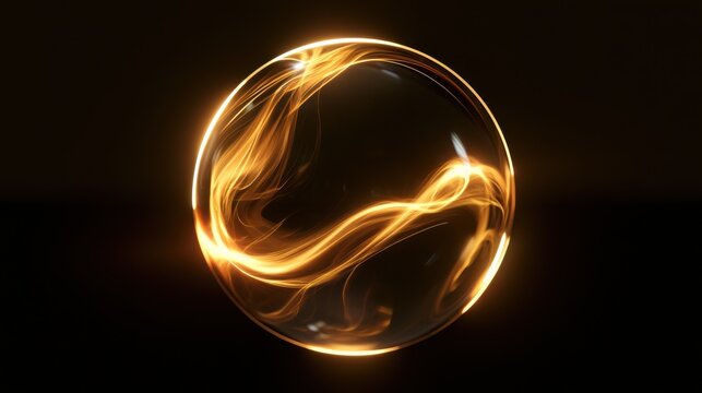 Transparent glass sphere with swirling golden energy light strands, luxurious glowing orb on dark background with warm rim