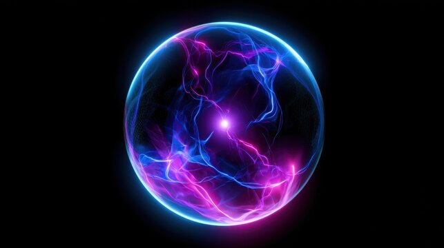 Transparent energy sphere with blue and purple lightning plasma inside, glowing electric orb on pure black background