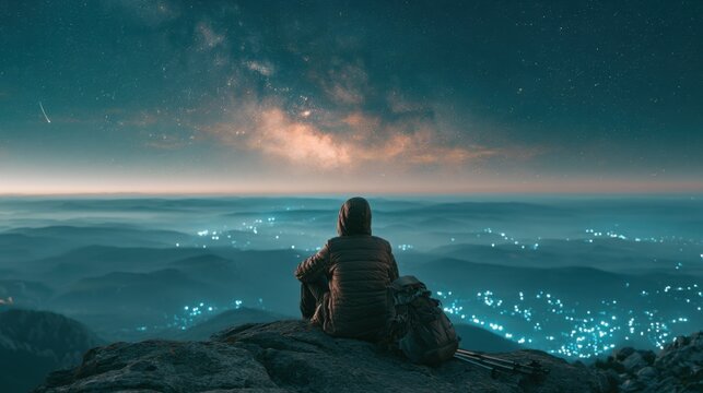 Hiker sitting on mountain peak watching magnificent milky way over misty valley with city lights, shooting star in teal night sky