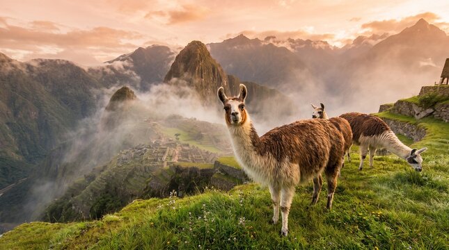 Llamas graze on a hillside overlooking ancient ruins and mountains
