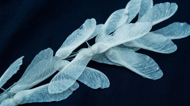 Pale maple seeds rest on a dark blue background close up view