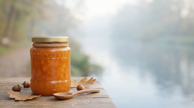 Rustic jar of jam and fallen leaves on a wooden dock overlooking the water.