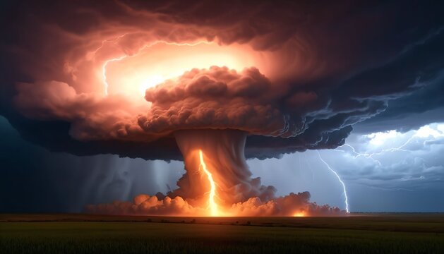 Fiery tornado supercell under dramatic storm clouds at dusk