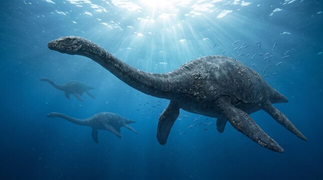 Three plesiosaurs swim beneath the surface in a blue ocean environment