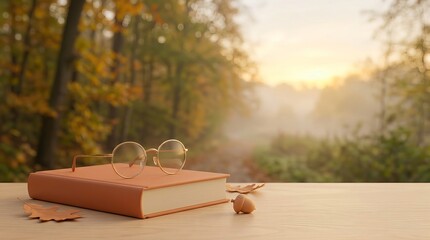 Fototapeta premium Autumn reading: Glasses and books by the fall woods.