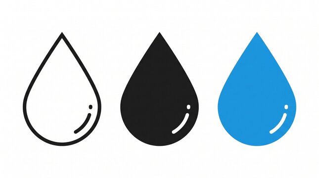 Create a clean minimalist vector illustration featuring three large water-drop icons arranged horizontally on a pure white background. The first drop should be a black outline with a white interior, t