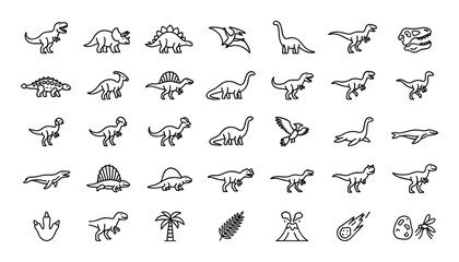 Dinosaur and Prehistoric Life Line Icon Set Featuring Tyrannosaurus Rex Triceratops Stegosaurus Pterodactyl Fossil Skeleton Footprint Volcano for Education and Gaming Designs © Md