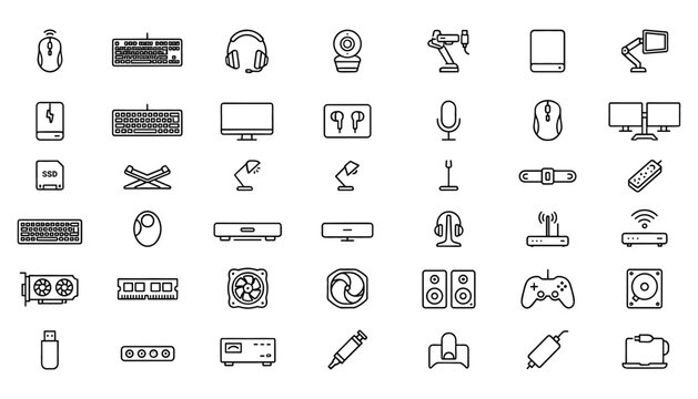 Gaming Hardware and PC Components Line Icon Set Featuring Mechanical Keyboard Mouse Graphics Card Cooling Fan Gamepad Speakers for Esports Designs