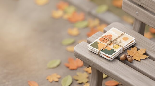 Autumn cards tied with twine on a wooden bench surrounded by fallen leaves.