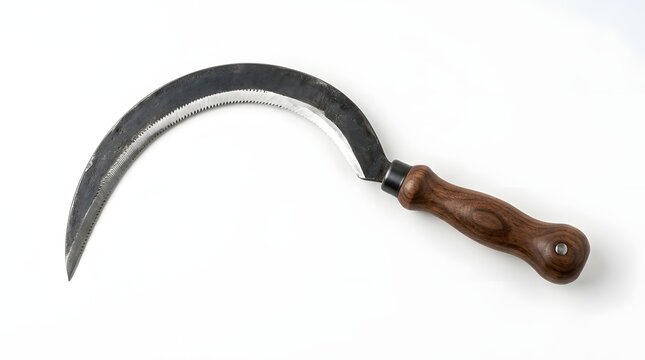 Curved sickle with wooden handle on white background