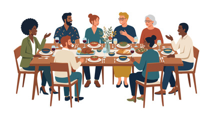 Fototapeta premium Thanksgiving Dinner with Diverse Family and Friends Enjoying a Festive Meal and Conversation