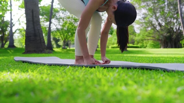 Young Asian woman doing yoga stretching on green grass with trees in the background on a sunny day. Concept of fitness, workout, and outdoor exercise