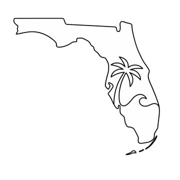 Florida outline with palm tree and wave