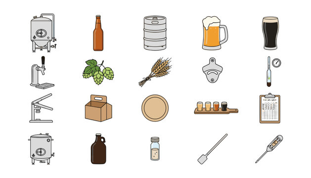 Craft Beer Brewing Distillery Industry Vector Icon Set for Pub Beverage Production Hops Wheat Fermentation Equipment and Bar Menu Illustration