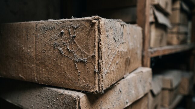 Old dusty archive boxes stacked on weathered wooden storage shelves in a dim warehouse room covered in thick cobwebs with moody lighting for forgotten memory concept