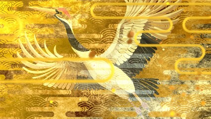 Naklejka premium Japanese Cranes with Gold Leaf and Traditional Auspicious Patterns