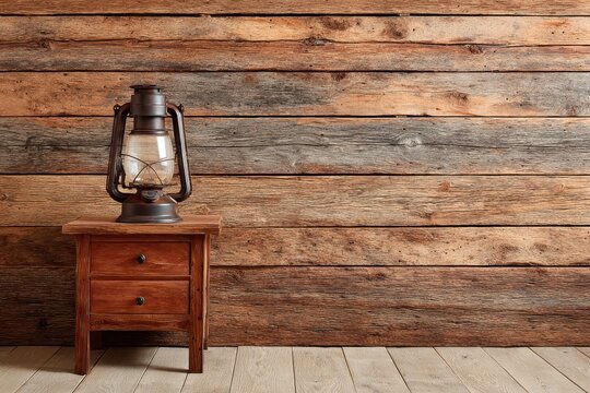 Vintage lantern on wooden nightstand against a rustic reclaimed wood plank wall background
