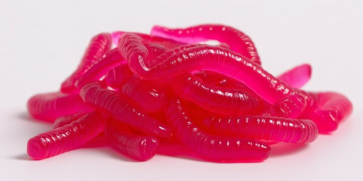 A close up shot of glossy pink gummy worms piled together on a white surface