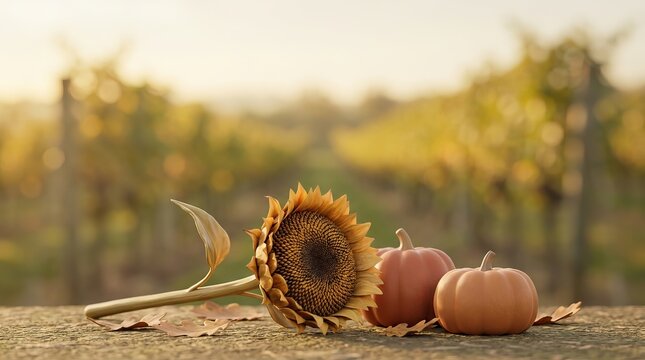 Autumn still life: Sunflowers and pumpkins in a golden field.