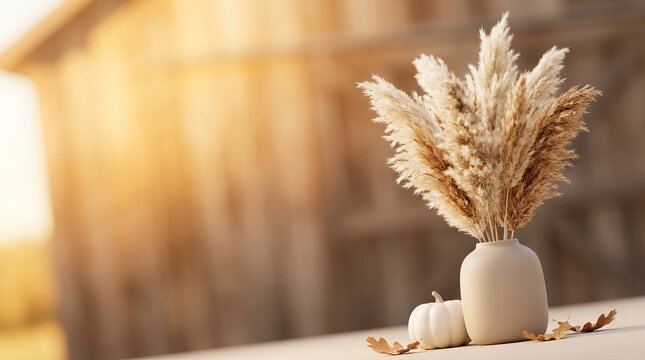 Earthy autumn display with pampas grass and pumpkins.