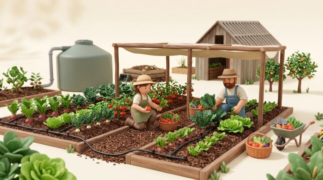Food Security and Sustainable Local Agriculture, Gardeners tending a vibrant vegetable garden with a shed and watering tank in background.