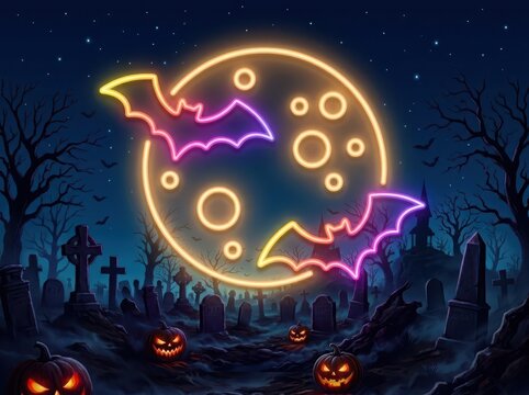 Spooky Halloween Cemetery with Glowing Neon Moon and Bats Illustration