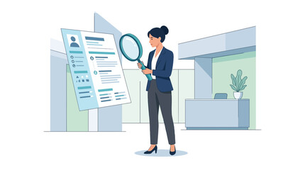 Fototapeta premium Professional HR manager reviewing candidate resume with magnifying glass for recruitment process flat vector illustration