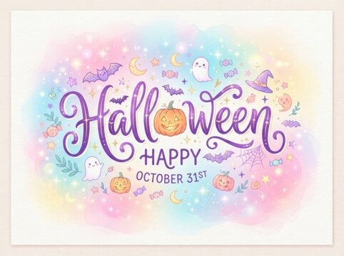 Happy Halloween October 31st Pastel Illustration. Halloween Party Poster Template