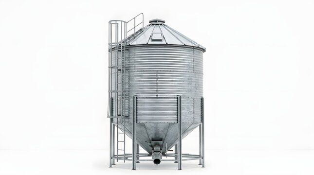 Metallic silo standing on support structure against white backdrop