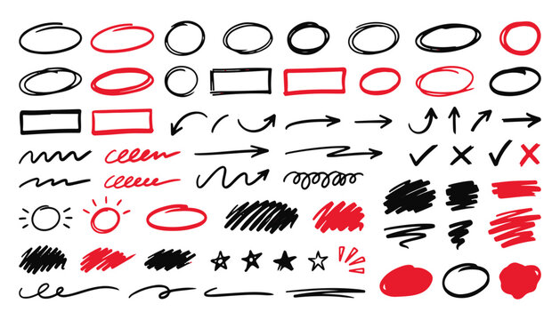 Hand Drawn Red and Black Marker Circles Vector Set with Arrows and Highlights