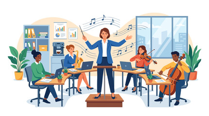 Fototapeta premium Female business leader conducting diverse office team playing musical instruments for workflow harmony flat vector illustration.