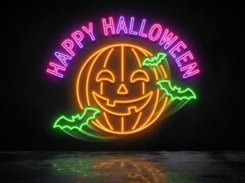 Happy Halloween 2026 Glowing Neon Sign Background