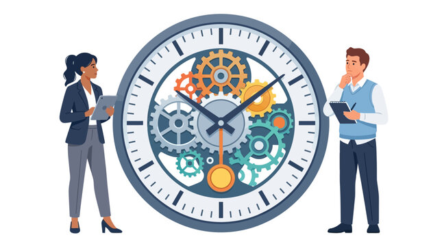 Business professionals analyzing time management and efficiency with giant clock gears flat vector illustration.