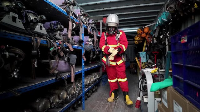 Firefighters are putting on protective gear and breathing apparatus in the emergency rescue equipment storage area, preparing to enter the firefighting zone