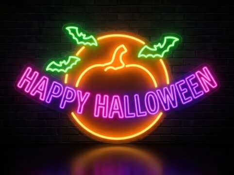 Halloween Neon Sign on Brick Wall. Spirit Halloween near me