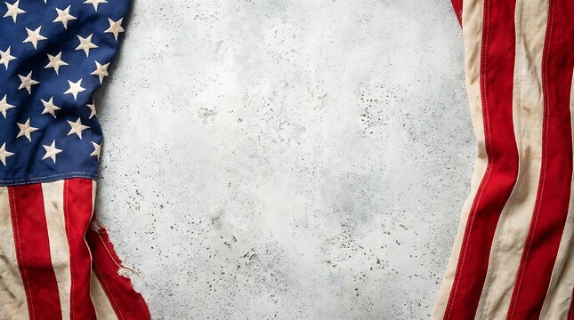 American flag draped over rough concrete background with american concrete background patriotism