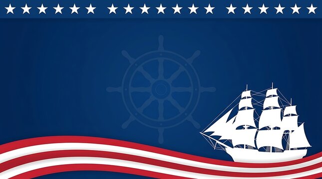 American patriotic background with sailing ship steering wheel and flag waves patriotic nautical